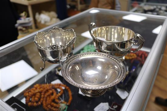 An Edwardian silver sugar bowl by Goldsmiths & Silversmiths, a two handled bowl and pedestal dish, 12 oz.